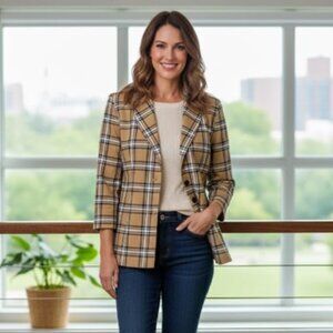 NWT Pure Amici Womens Brown Checkered Button Front Blazer Jacket Size S